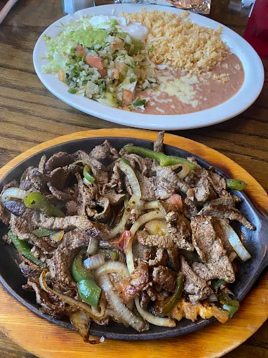 Combination platter with fajitas, rice, and beans at El Dorado Mexican Restaurant